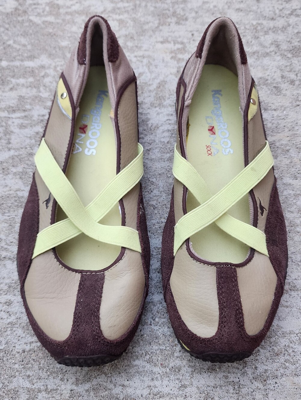 KangaROOS Brown Tan and Pale Green Criss Cross Mary Jane Ballet Flat, Sz 8.5